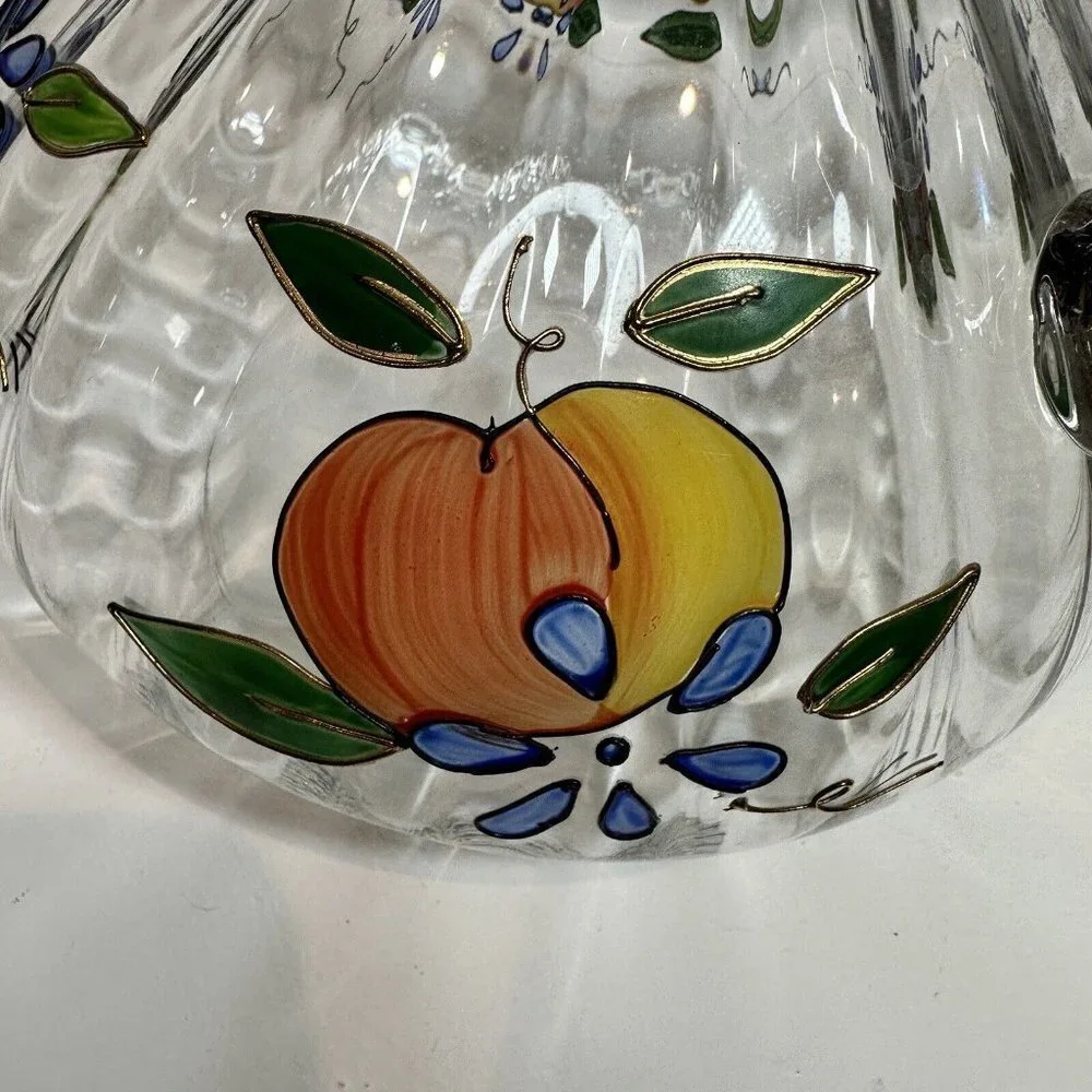 Crystal Clear Pitcher 8‎ Inch Ribbed Venetian Fruit 22K Gold Trim Romania 96 oz